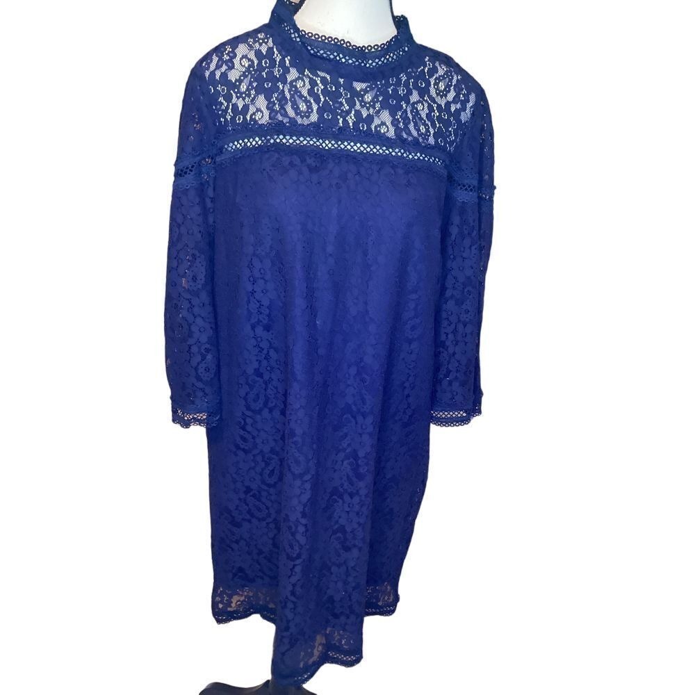 Suzanne Betro Navy Blue Lace Overlay Dress Size Large Floral Pattern Long Sleeve